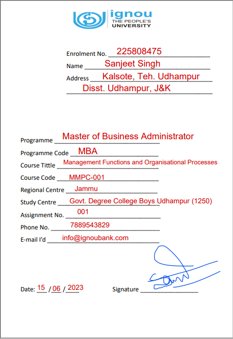 IGNOU Assignment Front Page